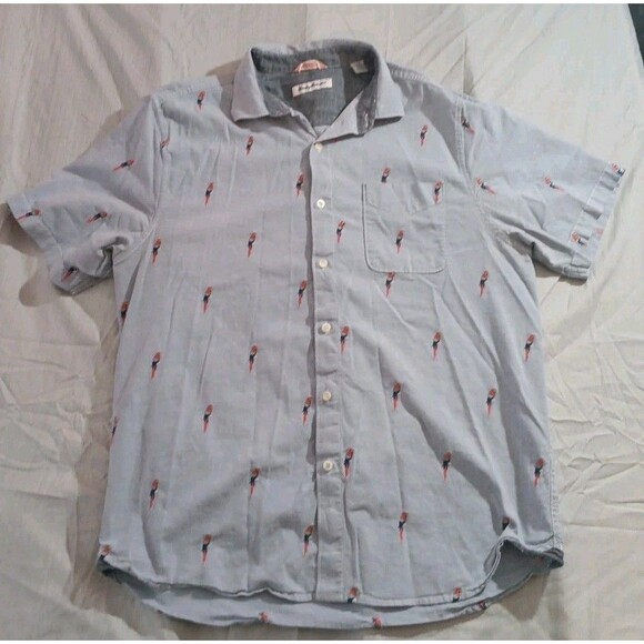 Tommy Bahama Chambray AOP Parrot Button Up Shirt Mens Size Lg Blue Short Sleeve - Picture 1 of 5